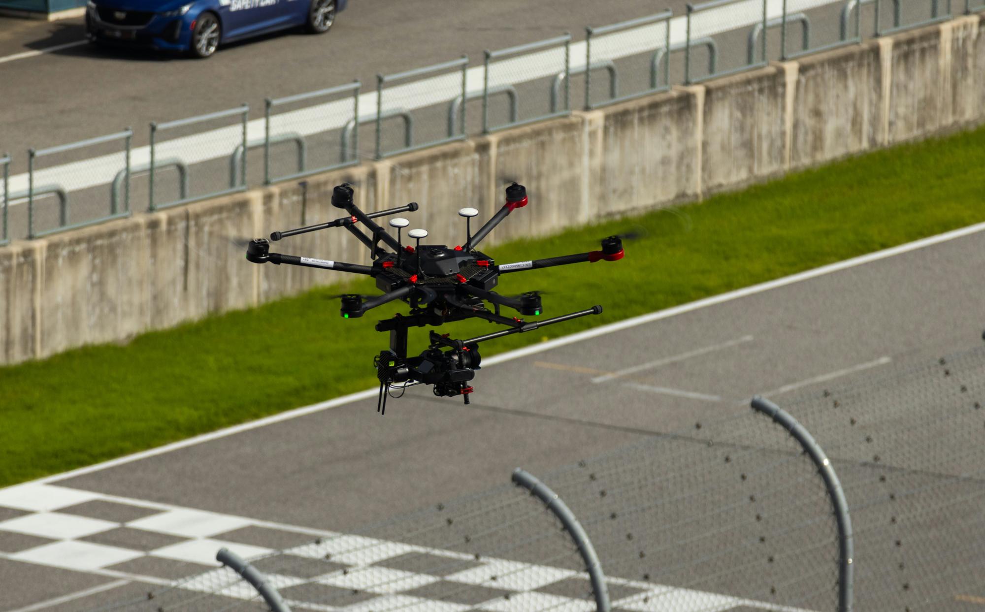 Drone flying over a race track